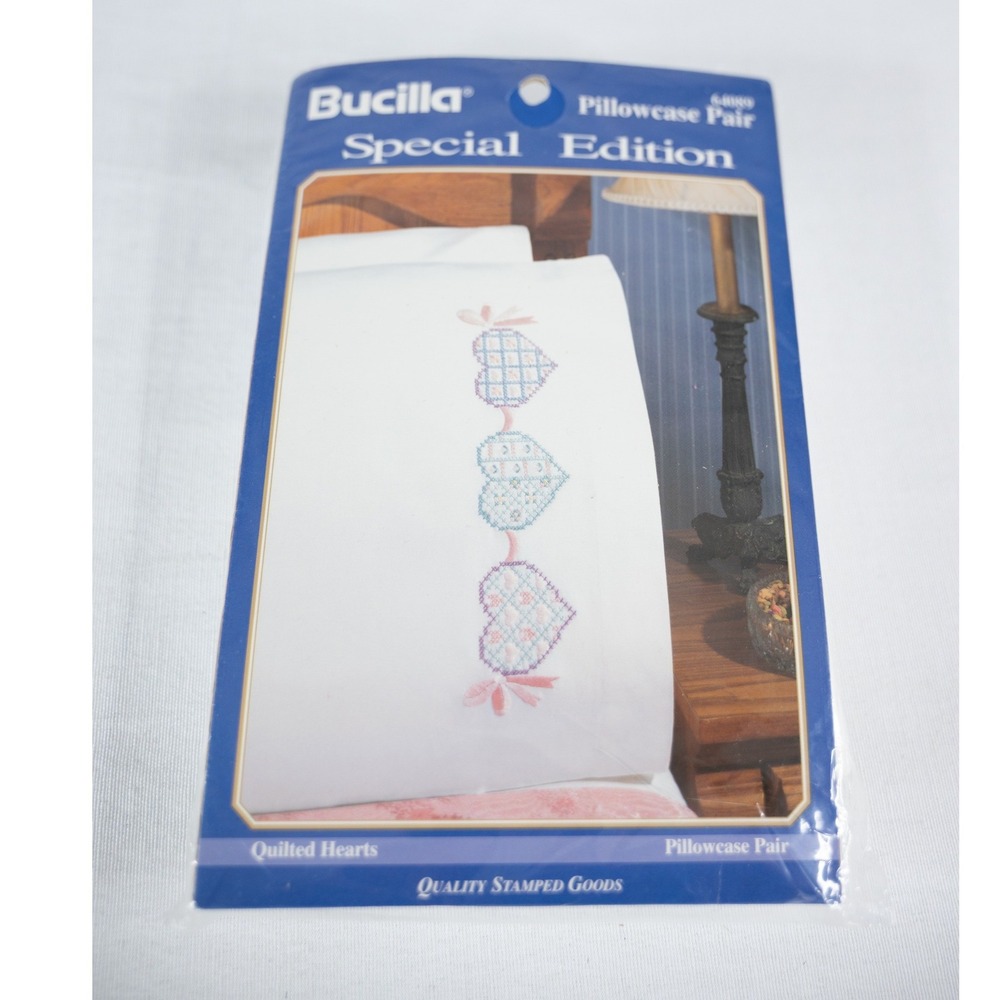 Bucilla Embroidery Kit Pillowcase Standard White NEW Quilted Hearts 64089 Pair
